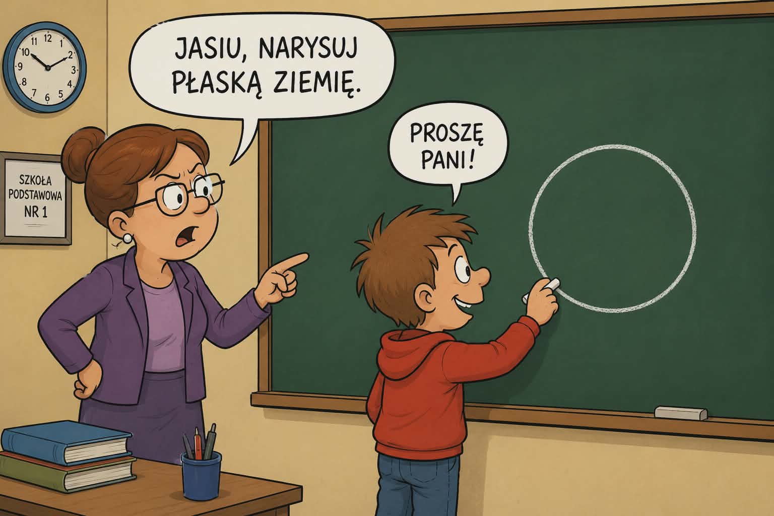 Nauczycielka mówi: Jasiu, narysuj płaską Ziemię. Jasiu rysuje koło na tablicy.